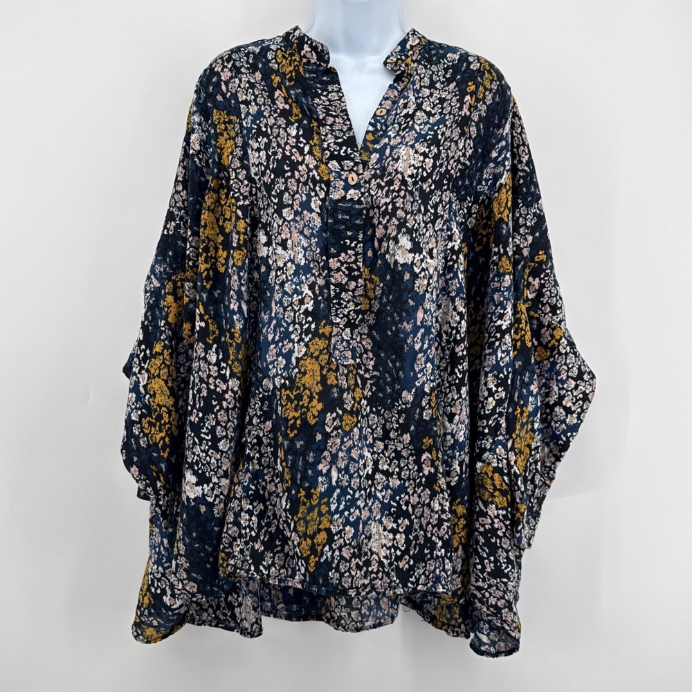Free People Floral Kaftan Tunic Top Small Boho Henley Oversized Cotton
